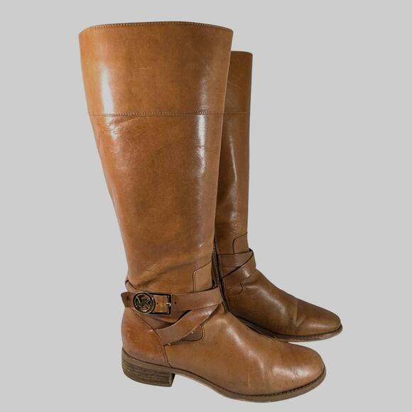 MICHAEL BY MICHAEL KORS! PECAN BROWN GENUINE LEATHER GOLD LOGO BOOTS!SZ 8M - Picture 12 of 12